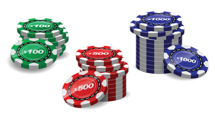 Set illustration of colorful poker chips in green, red, and blue, representing different denominations of $100, $500, and $1000. These casino chips are commonly used in gambling and poker games