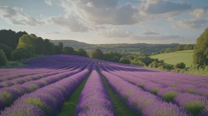 Fototapeta premium Serene Lavender Fields Under Soft Clouds: Captivating Landscape of Rolling Hills and Vibrant Purple Blooms in a Peaceful Rural Setting