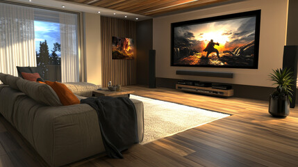 Empty living room with tv screen on wall and rear view to black sofa. Vector realistic interior of modern lounge room with couch, lcd television display on blue wall and wooden floor