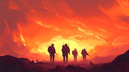 Fototapeta premium Sunset Soldiers: A Fiery Battlefield Silhouette