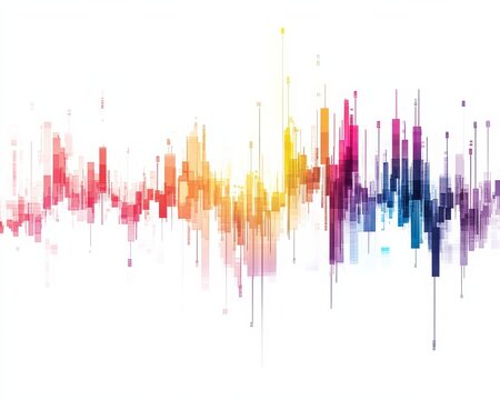 Vibrant abstract sound wave design with colorful bars and lines on a white background.