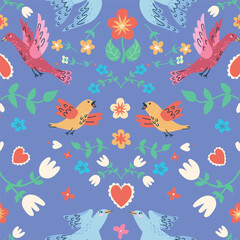 handdrawn seamless pattern with birds and flowers. Perfect for romantic design