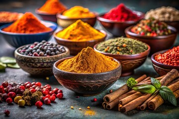 Fototapeta premium Aromatic Indian Spices: Night Photography of Colorful Bowls on Dark Concrete