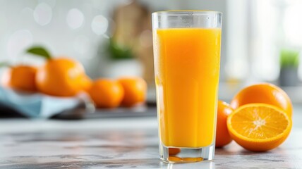 A refreshing glass of orange juice sits next to fresh oranges, showcasing vibrant color and a healthy beverage choice in a bright kitchen setting.
