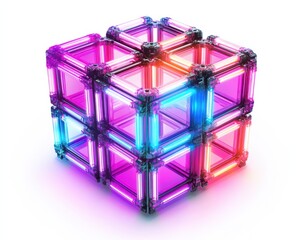 Vibrant neon cube with illuminated edges, showcasing modern digital design aesthetics.
