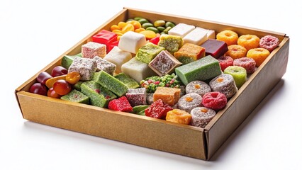 Assorted Turkish Delight Sweets in Delivery Box, Isolated White Background - Oriental Confectionery