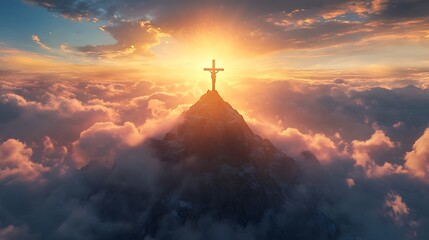 Crucifix atop a mountain summit bathed in divine golden light and surrounded by soft clouds