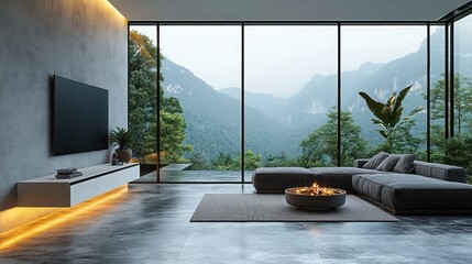 Fototapeta premium Modern living room with mountain view, fireplace, and large windows.