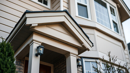 Fototapeta premium Close-up view of a house's light beige exterior featuring a porch with dark gray roofing, white columns, and black wall-mounted lights. Large windows and siding are visible.