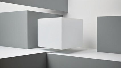 Elegant White Cube as a Centerpiece: Contrasting Grey Elements Creating Depth and Dimension on a Clean White Background, Ideal for High-End Product Photography