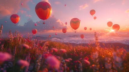 Naklejka premium Hot air balloons float over a blooming mountain field at sunset for travel advertising.