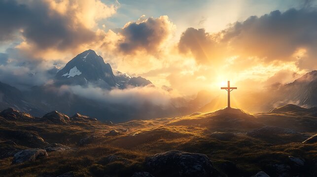 Majestic mountain scene with a crucifix illuminated by golden sunlight breaking through clouds - Powered by Adobe