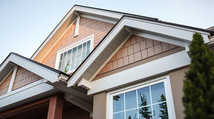 Close-up view of a house's exterior, showcasing its light brown wood siding, white trim, and multiple gabled roof sections.  Large windows are visible, reflecting surrounding trees.