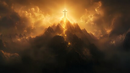 Fototapeta premium Spiritual image of a cross at the peak of a mountain illuminated by sunlight from above