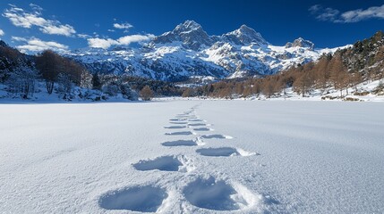 Footprints in snow leading to majestic mountains under a bright blue sky.