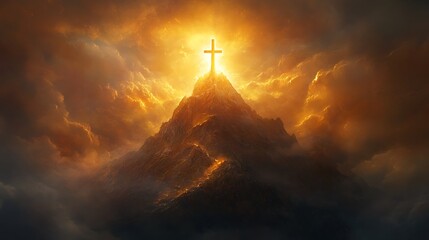 Spiritual image of a cross at the peak of a mountain illuminated by sunlight from above