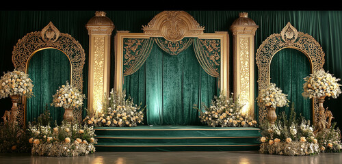 A royal themed wedding stage with grand arches, intricate gold embellishments, and a rich emerald-green velvet backdrop with matching floral decor.
