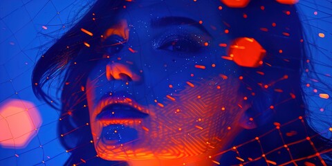 A woman's face is shown in a blue background 