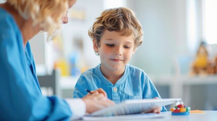 Obraz premium A child engages in learning with a caregiver, focused on writing in a notebook, fostering a nurturing educational environment.