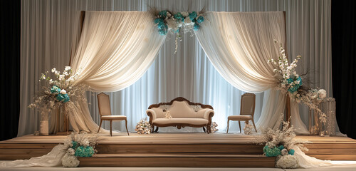 A seaside wedding stage featuring a wooden platform draped in flowing white fabrics, accented with seashell motifs and turquoise floral arrangements.