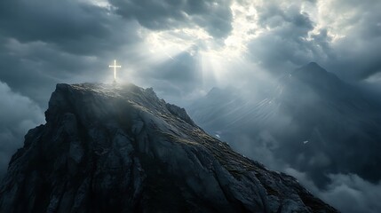 Inspirational mountaintop scene with a cross illuminated by heavenly light breaking through clouds
