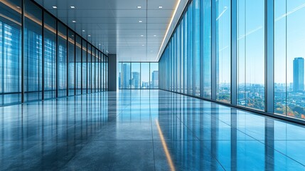 Modern office space with large windows showcasing a city view.
