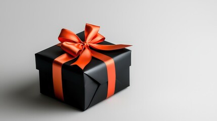 Obraz premium Gift box wrapped in black with a shiny red bow, isolated on white