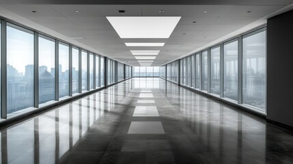 Fototapeta premium A modern, spacious office corridor with large windows and polished floors.