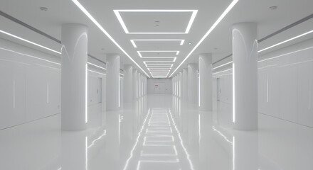 A futuristic white hallway with glowing ceiling lights, reflective floors, and symmetrical design.