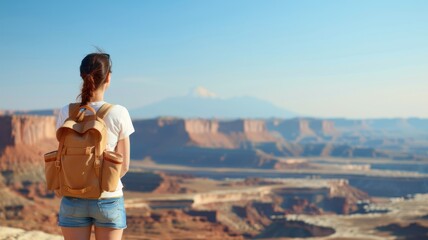 Fototapeta premium A person stands on a cliff, gazing at a vast landscape with hills and a distant mountain under a clear blue sky, embodying adventure and exploration.