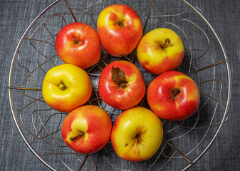 There are beautiful fresh red and yellow apples in a metal vase on a gray table, top view.