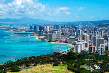 Aerial View from Diamond Head State Monument lookout of Waikiki Beach Honolulu Hawaii

