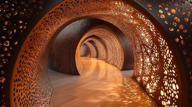 Endless spiral tunnel with intricate metallic patterns illuminated softly