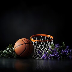 March Madness basketball concept with a hoop and ball in dramatic lighting.