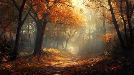 Obraz premium Autumn Forest Path: Sunlit Woods, Magical Fog