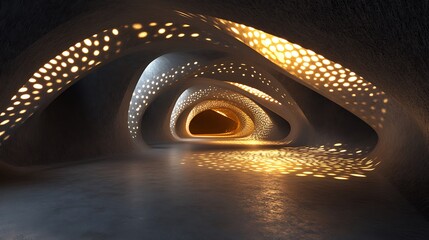 Spiral tunnel with futuristic glowing patterns carved into smooth dark walls