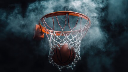 March Madness basketball concept with a hoop and ball in dramatic lighting.
