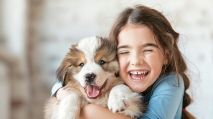 A joyful girl smiles while hugging an adorable puppy, capturing a heartwarming moment of friendship and affection.