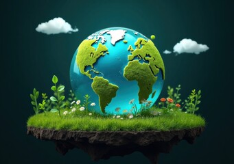 Innovative representation of Earth with green landscapes and flowers on a floating island