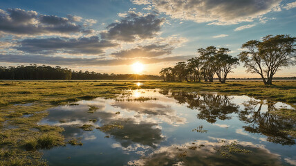 Peaceful Wetlands at Golden Sunset with Vibrant Reflections
