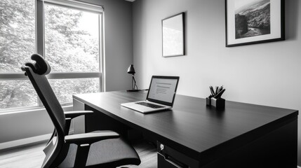 Fototapeta premium Modern minimalist home office with desk, chair, laptop, and window.