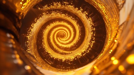 Futuristic spiral tunnel with glowing circuitry patterns on metallic walls