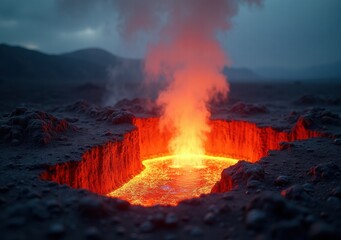 Vibrant lava flow erupts from a volcanic crater under a cloudy twilight sky