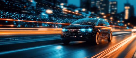 Fototapeta premium A sleek car speeds through a vibrant cityscape at night, illuminated by dynamic lights, showcasing a blend of technology and urban life.