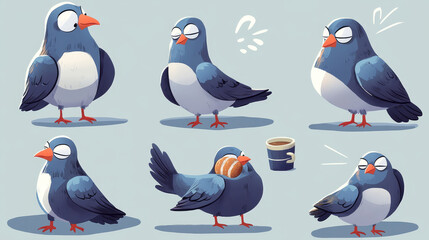 Obraz premium Comic pigeon cartoon character set with different poses and face emotions. Vector set of wild city dove standing, sleepy with cup of coffee, delighted with big eyes, meditate and dream about bread.