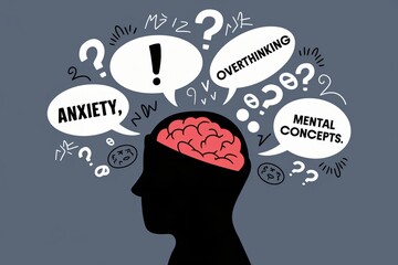 illustration of a silhouette with a visible brain and surrounding thought bubbles, showcasing terms like anxiety, overthinking, and mental concepts, representing cognitive processes.