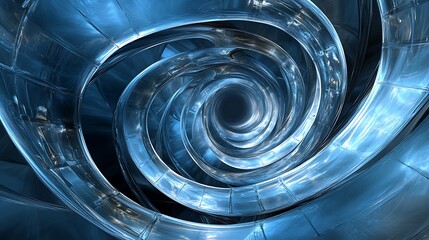 Futuristic spiral tunnel made of smooth reflective surfaces glowing in cool tones