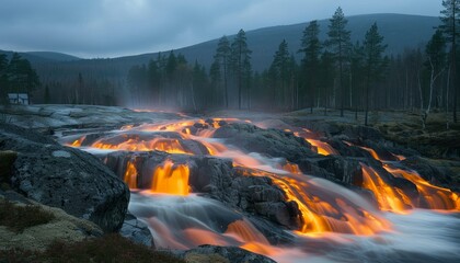 A mystical forest of flowing molten gold trees creating a captivating natural wonderland