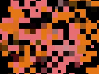 Abstract pixel art background in shades of orange, pink, and black.