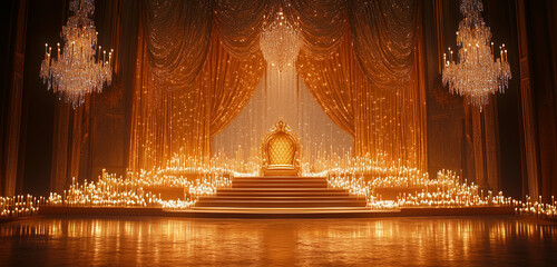 An opulent wedding stage designed with crystal curtains, a golden throne like centerpiece, and glowing candles arranged symmetrically.